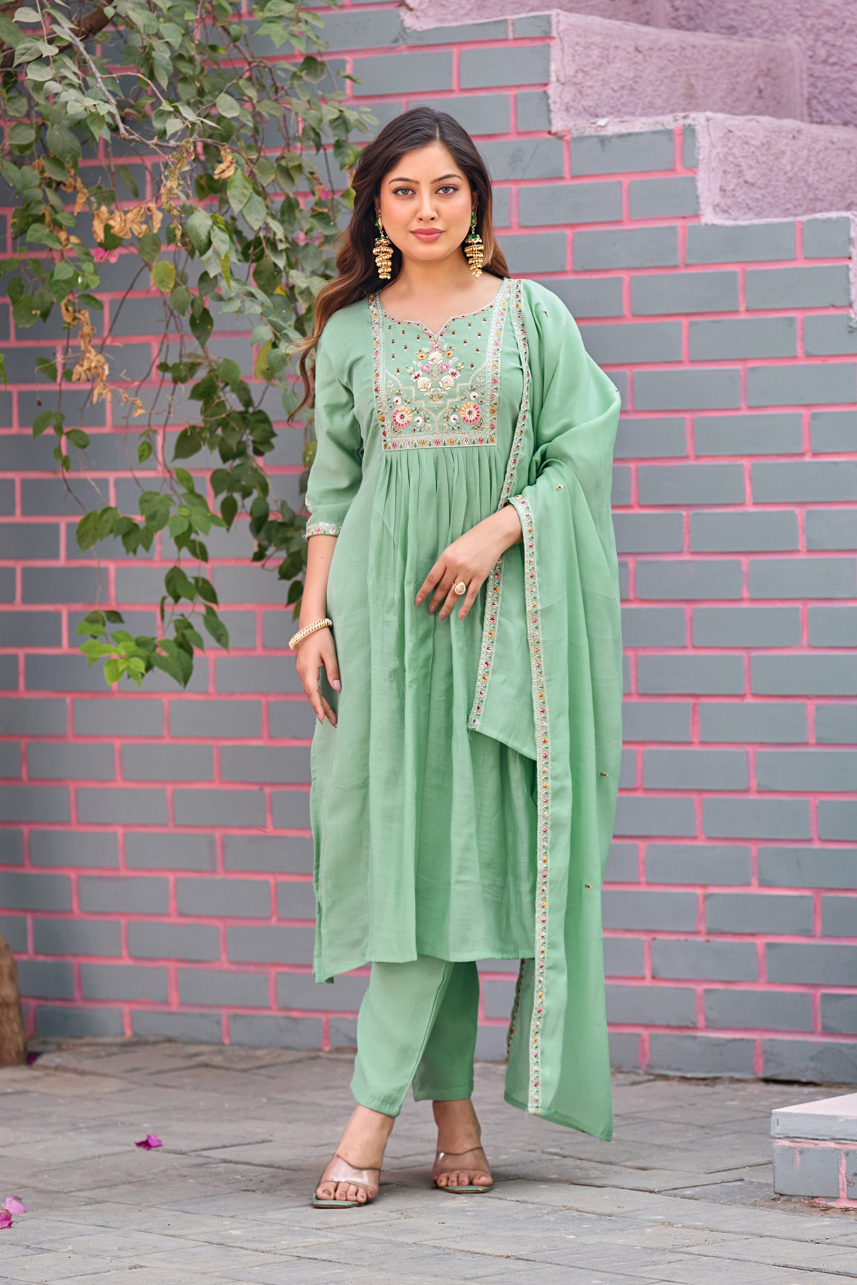 Green Mal Chanderi Embroidered 3-Piece Kurta Set with Dupatta