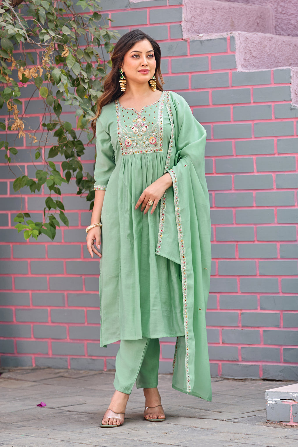 Green Mal Chanderi Embroidered 3-Piece Kurta Set with Dupatta