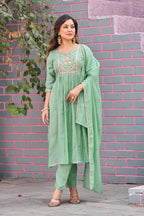 Green Mal Chanderi Embroidered 3-Piece Kurta Set with Dupatta