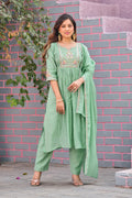 Green Mal Chanderi Embroidered 3-Piece Kurta Set with Dupatta
