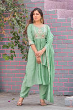 Green Mal Chanderi Embroidered 3-Piece Kurta Set with Dupatta