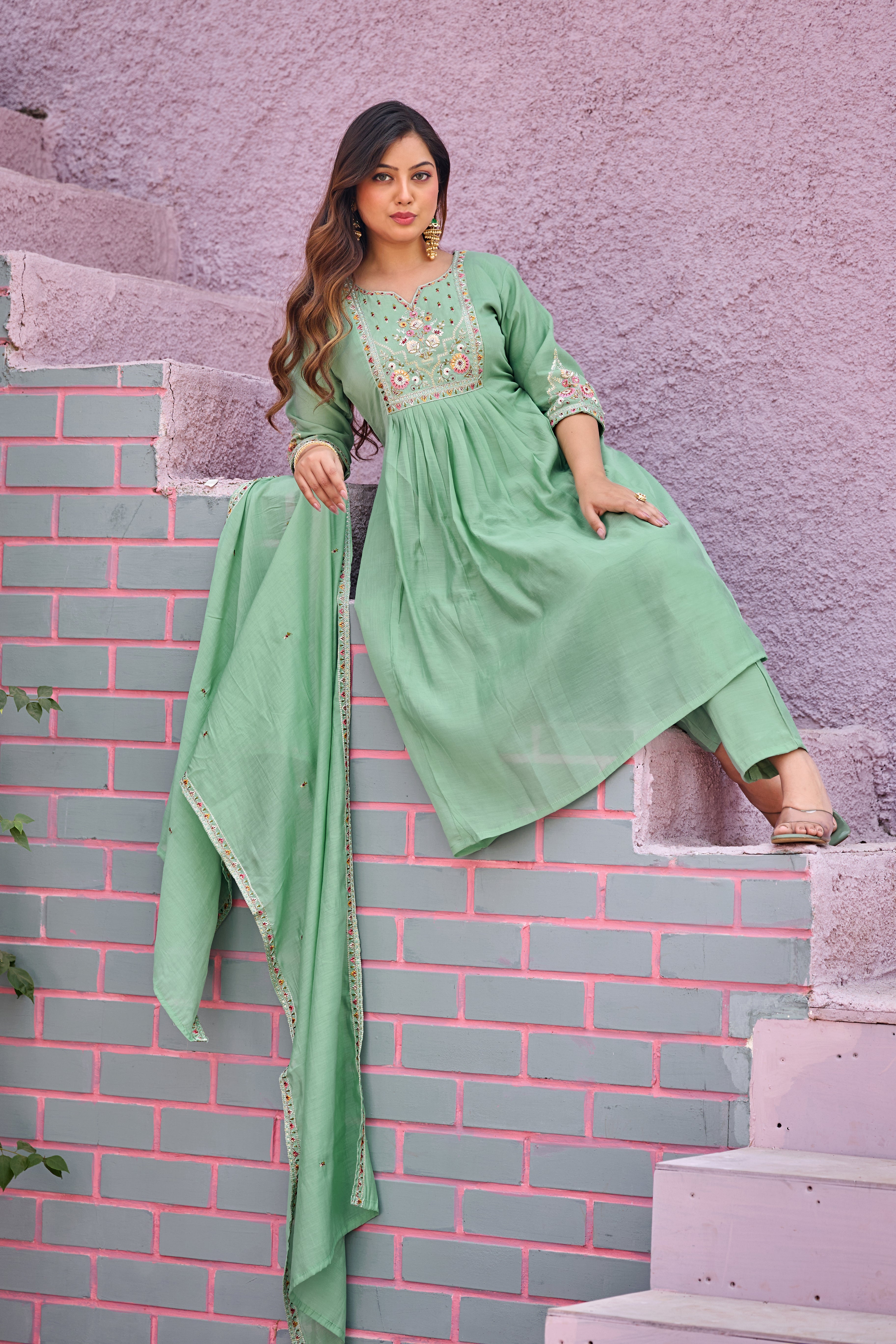 Green Mal Chanderi Embroidered 3-Piece Kurta Set with Dupatta