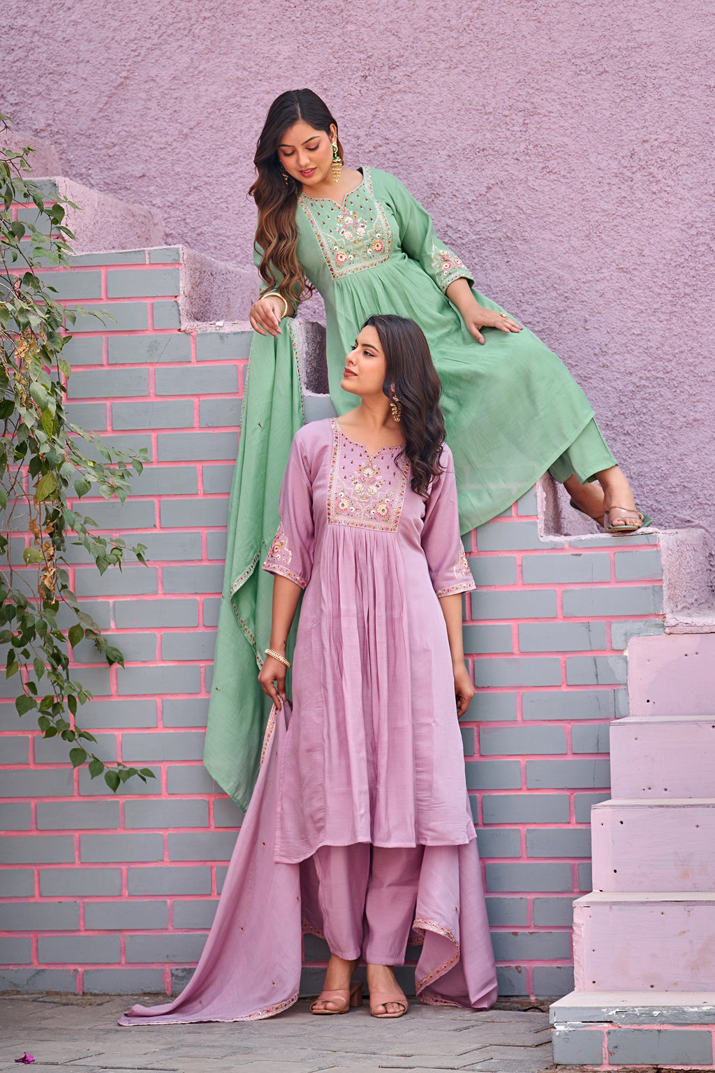 Green Mal Chanderi Embroidered 3-Piece Kurta Set with Dupatta