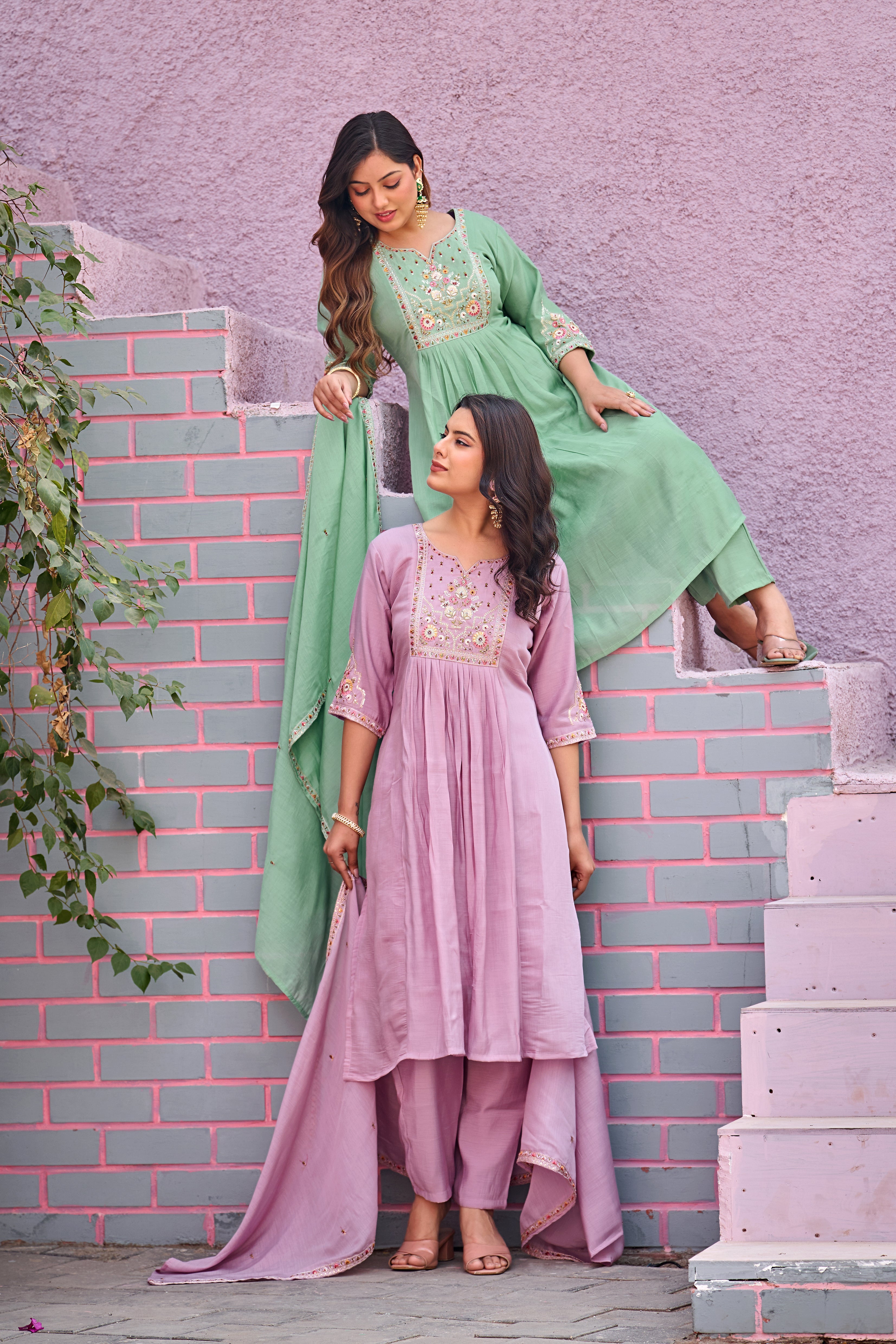 Green Mal Chanderi Embroidered 3-Piece Kurta Set with Dupatta