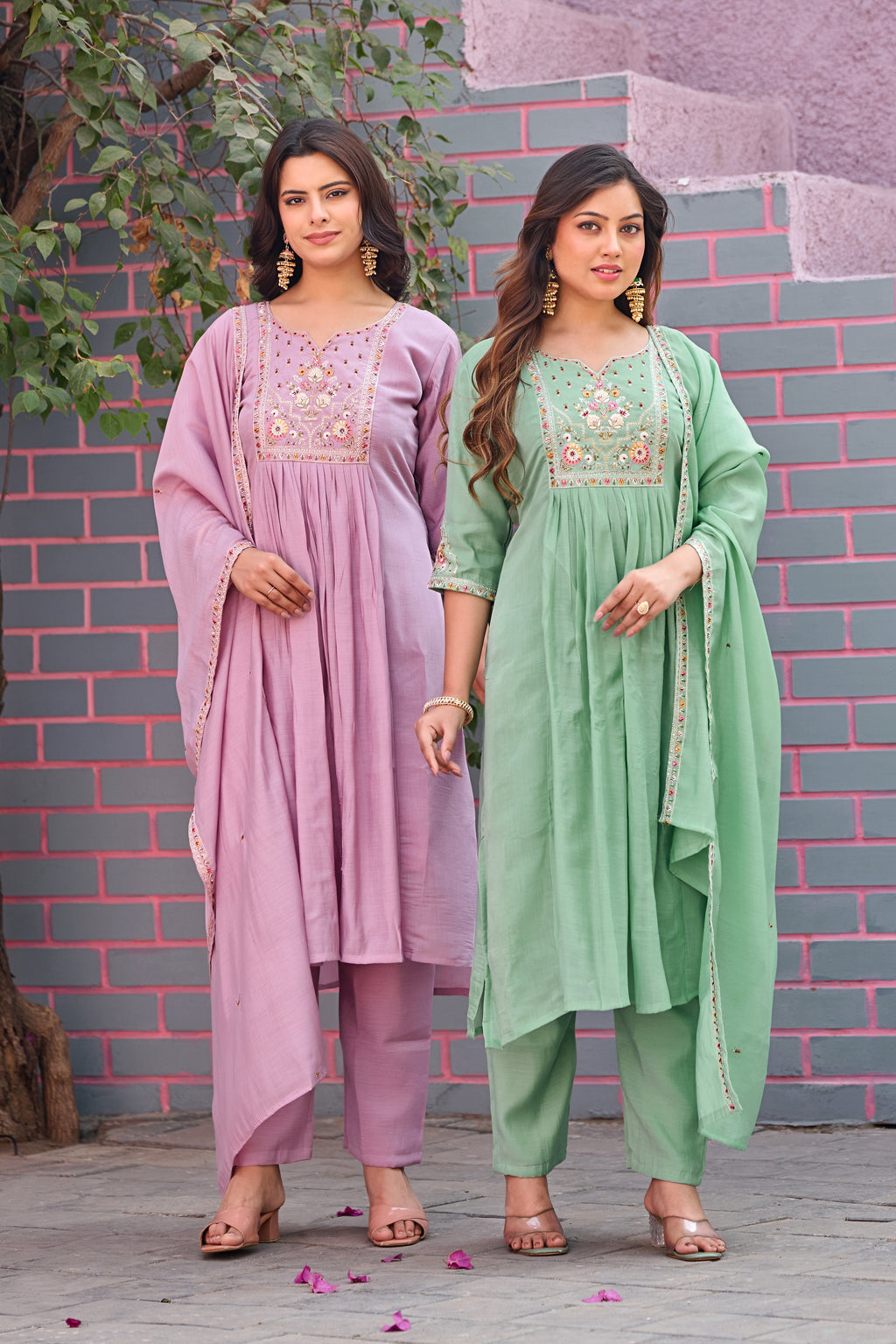 Green Mal Chanderi Embroidered 3-Piece Kurta Set with Dupatta
