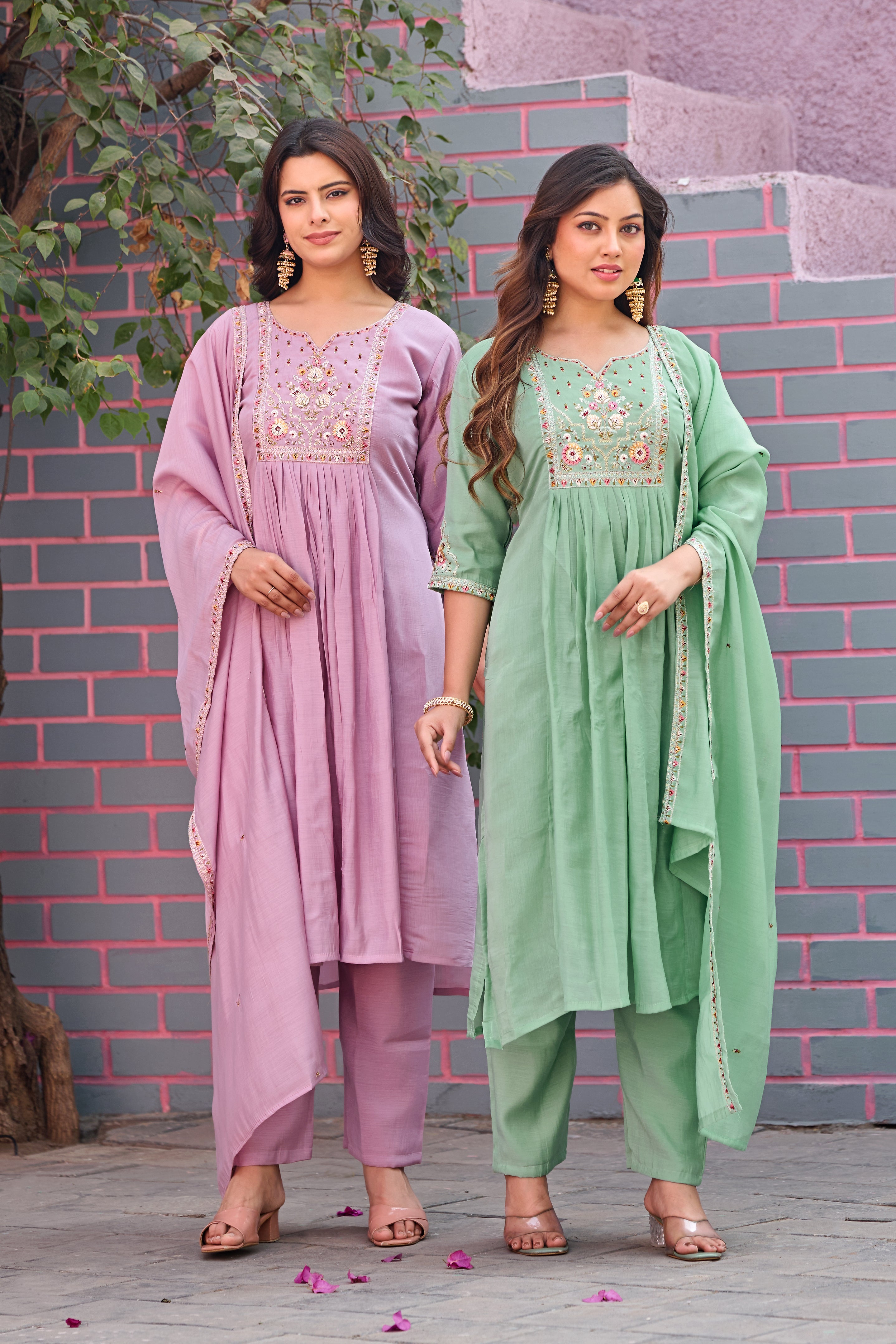 Green Mal Chanderi Embroidered 3-Piece Kurta Set with Dupatta