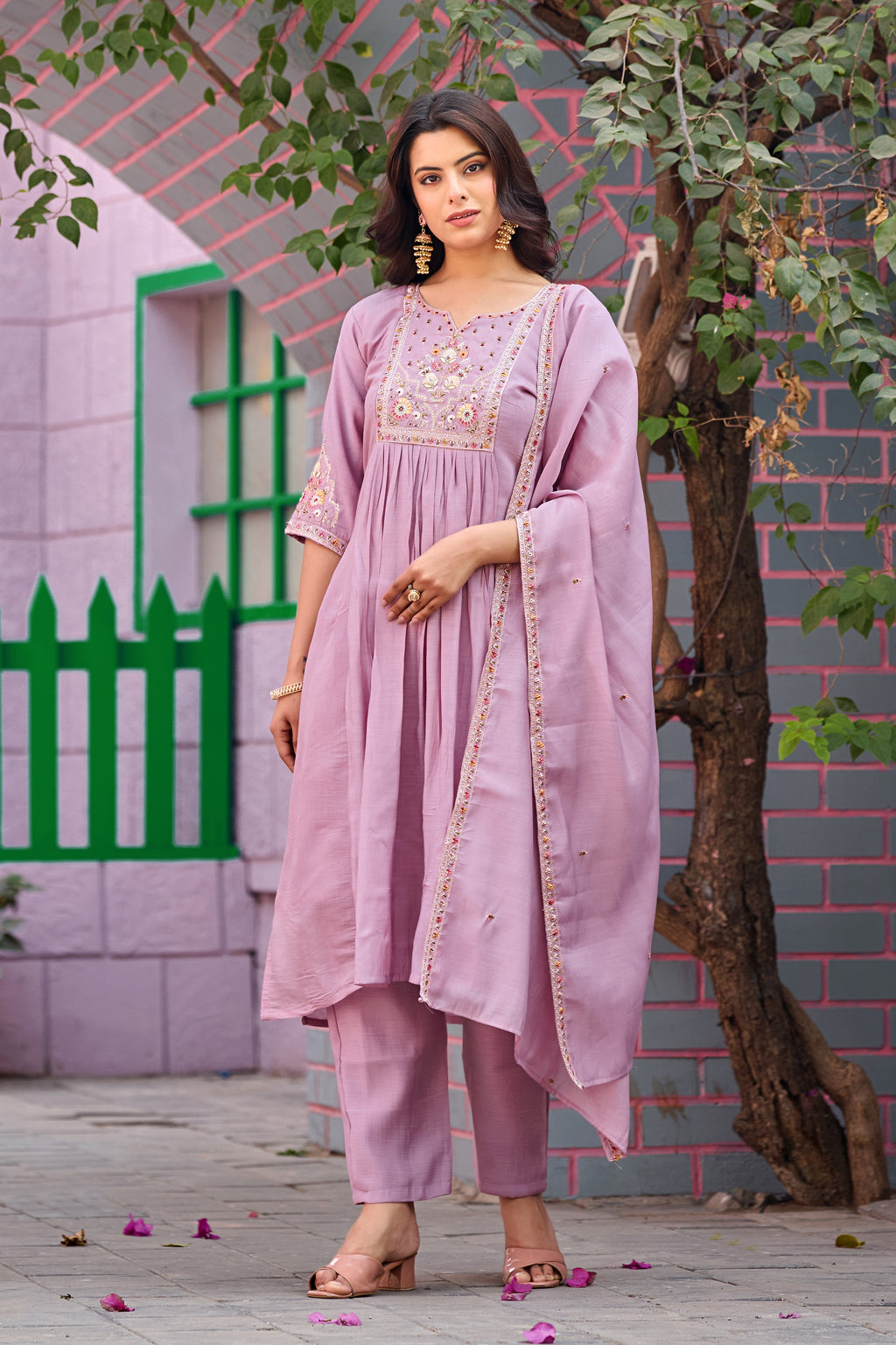 Pink Mal Chanderi Embroidered 3-Piece Kurta Set with Dupatta