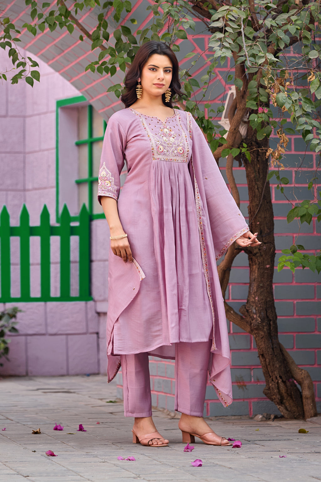 Pink Mal Chanderi Embroidered 3-Piece Kurta Set with Dupatta