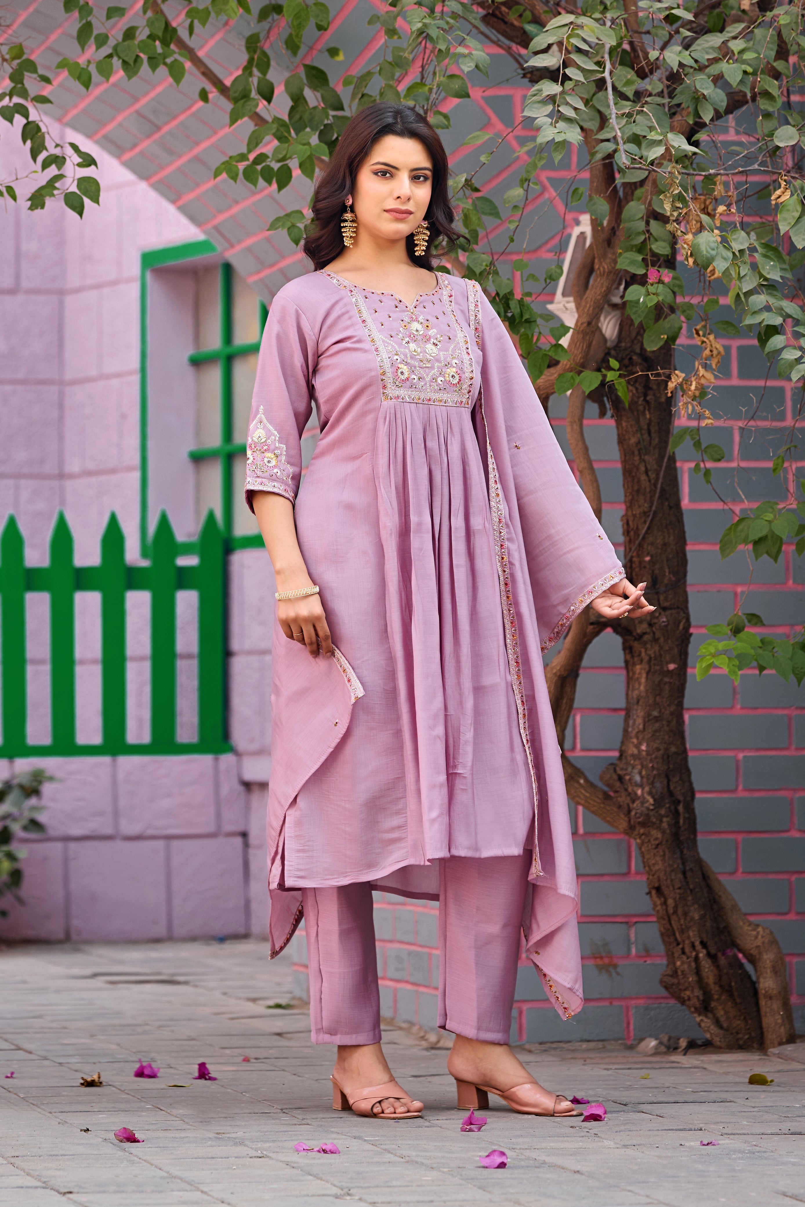 Pink Mal Chanderi Embroidered 3-Piece Kurta Set with Dupatta