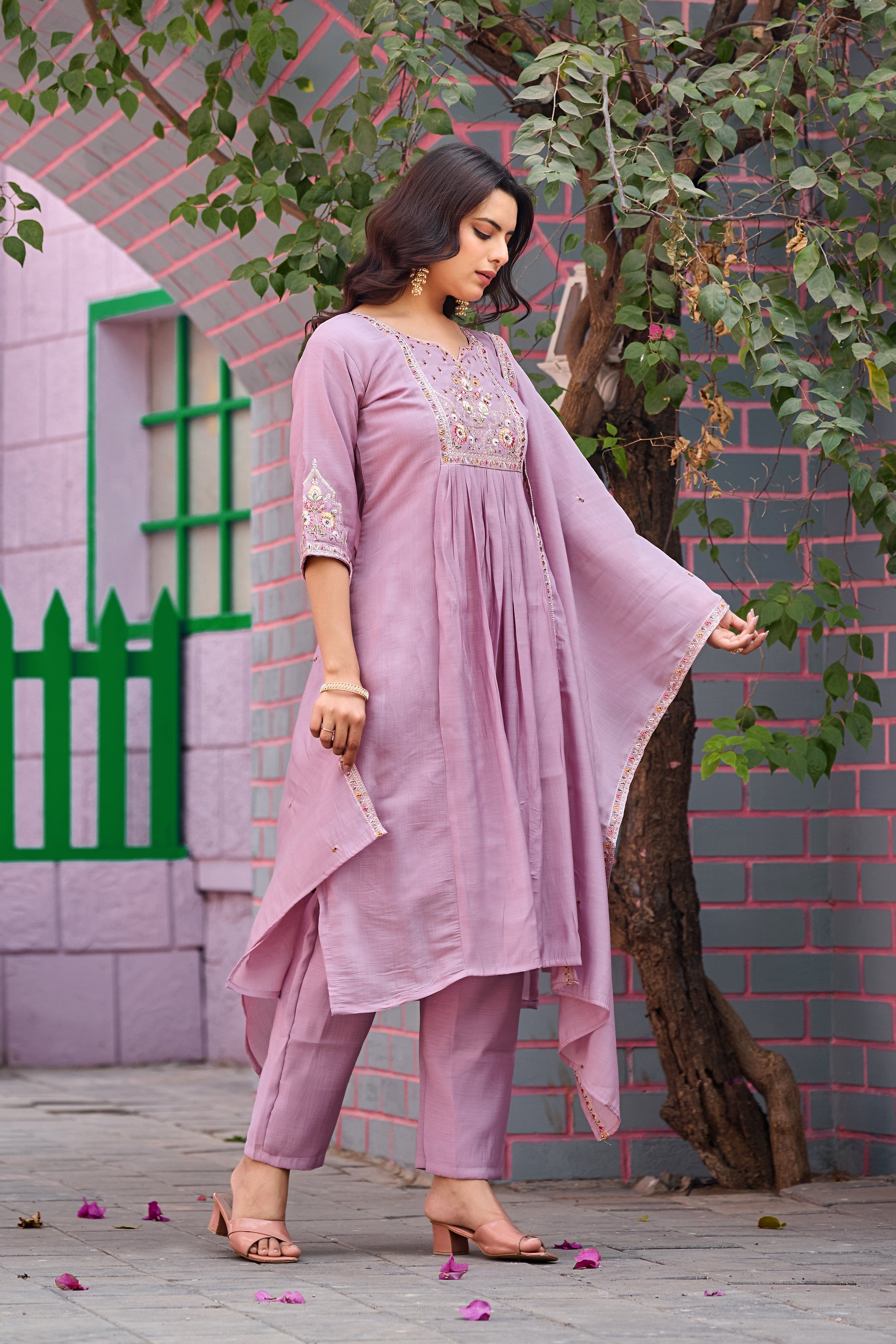 Pink Mal Chanderi Embroidered 3-Piece Kurta Set with Dupatta