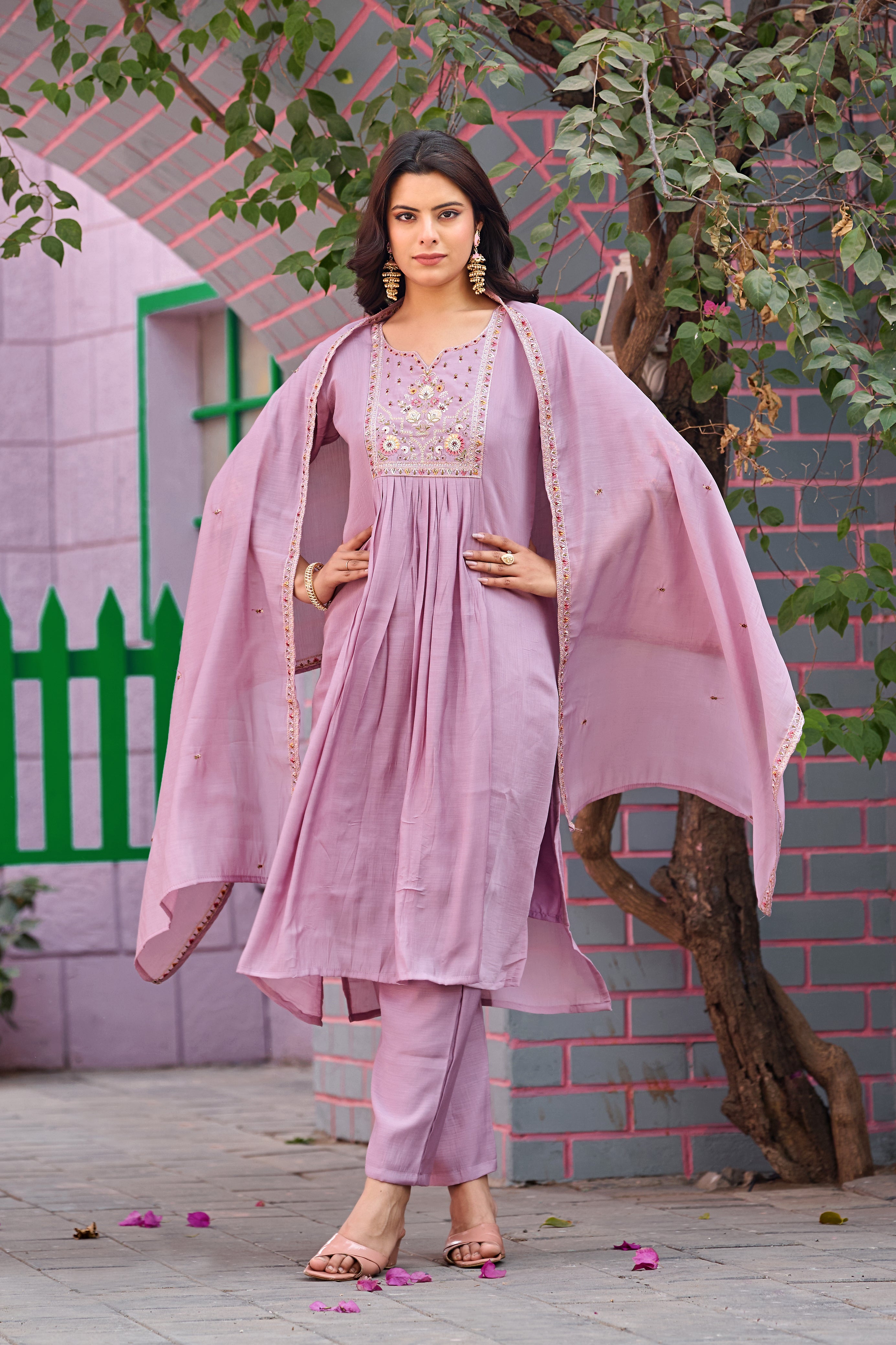 Pink Mal Chanderi Embroidered 3-Piece Kurta Set with Dupatta