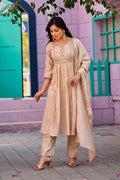 Beige Mal Chanderi Embroidered 3-Piece Kurta Set with Dupatta Cream