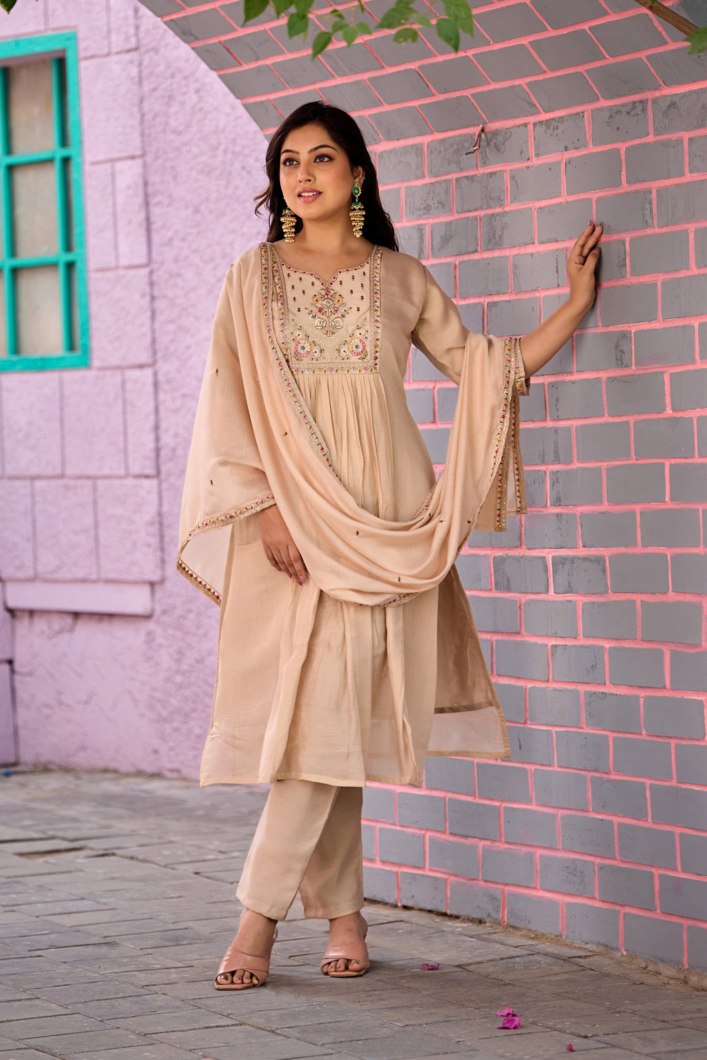 Beige Mal Chanderi Embroidered 3-Piece Kurta Set with Dupatta Cream
