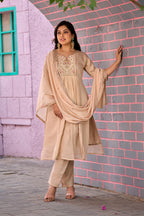 Beige Mal Chanderi Embroidered 3-Piece Kurta Set with Dupatta Cream