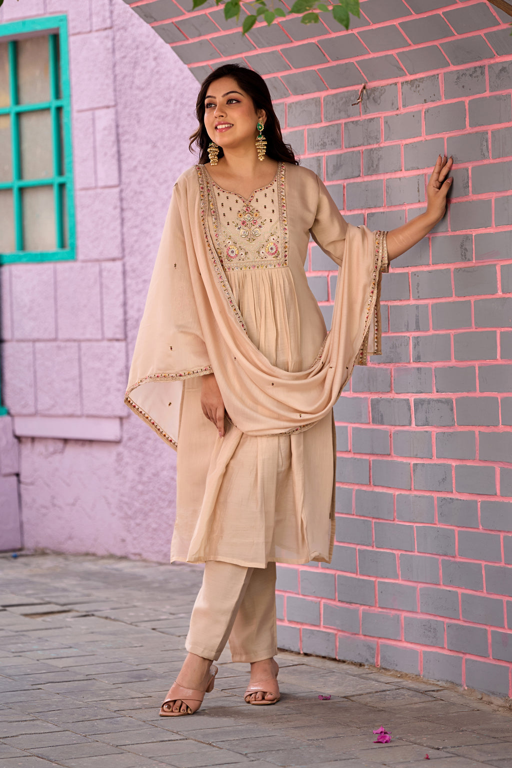 Beige Mal Chanderi Embroidered 3-Piece Kurta Set with Dupatta Cream