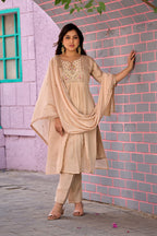 Beige Mal Chanderi Embroidered 3-Piece Kurta Set with Dupatta Cream