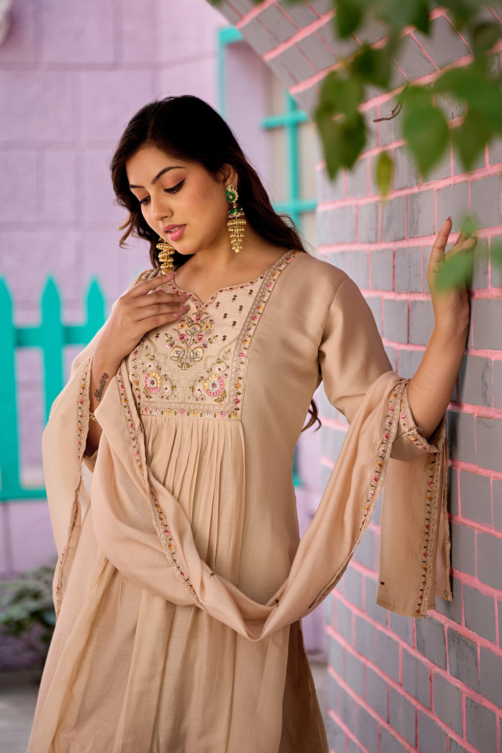 Beige Mal Chanderi Embroidered 3-Piece Kurta Set with Dupatta Cream