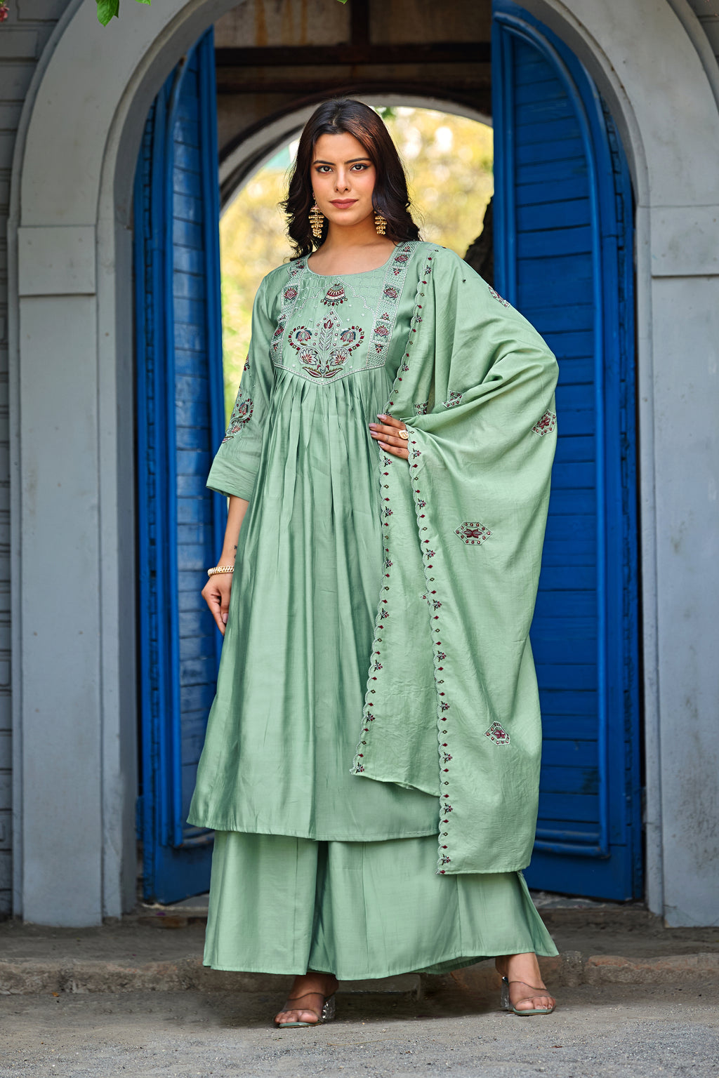 Green Roman Silk Intricate Embroidery Kurta Palazzo Set with Dupatta