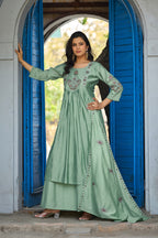 Green Roman Silk Intricate Embroidery Kurta Palazzo Set with Dupatta