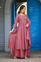 Rose Pink Roman Silk Intricate Embroidery Kurta Palazzo Set with Dupatta