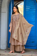 Mocha Beige Roman Silk Intricate Embroidery Kurta Palazzo Set with Dupatta