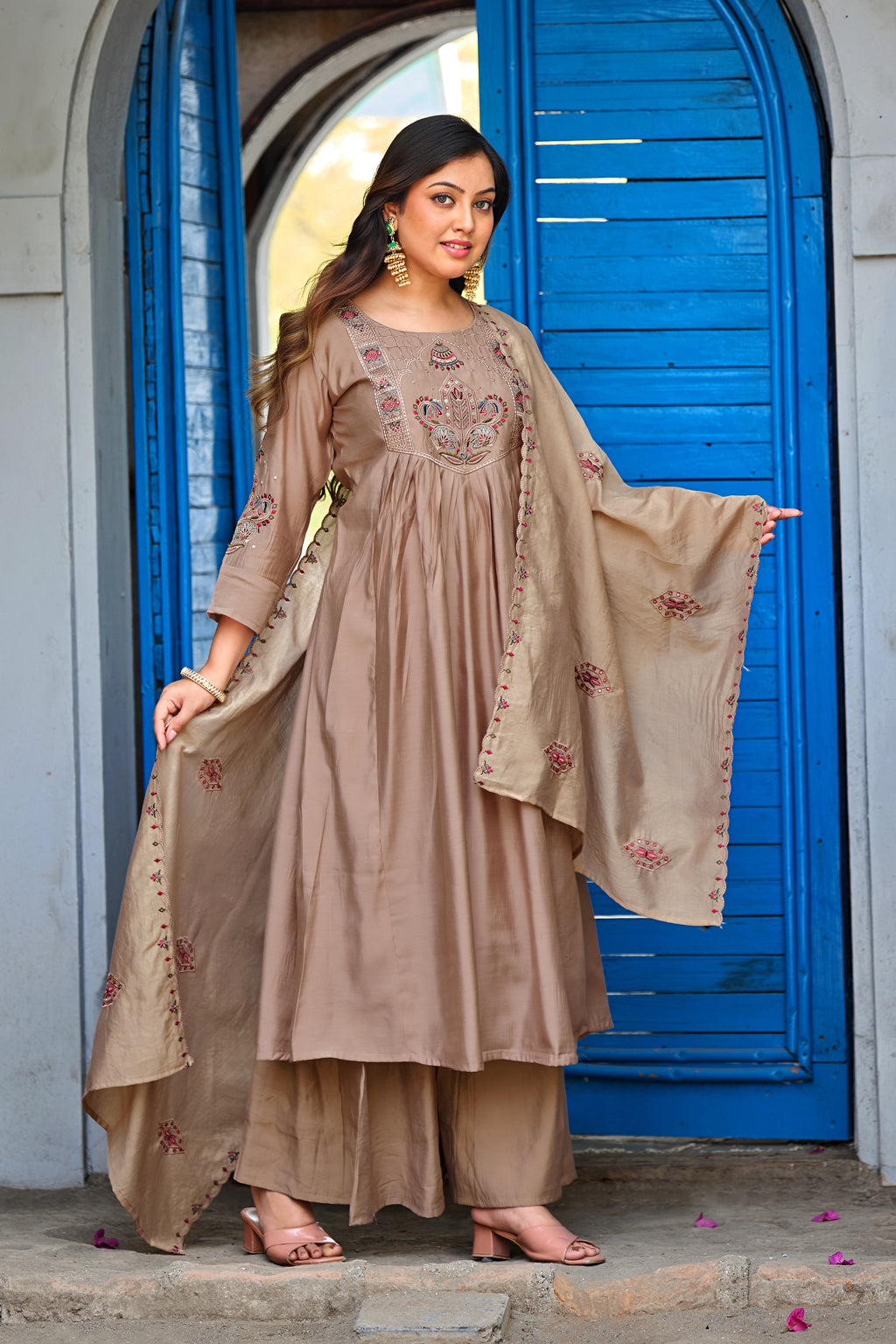 Mocha Beige Roman Silk Intricate Embroidery Kurta Palazzo Set with Dupatta
