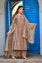 Mocha Beige Roman Silk Intricate Embroidery Kurta Palazzo Set with Dupatta