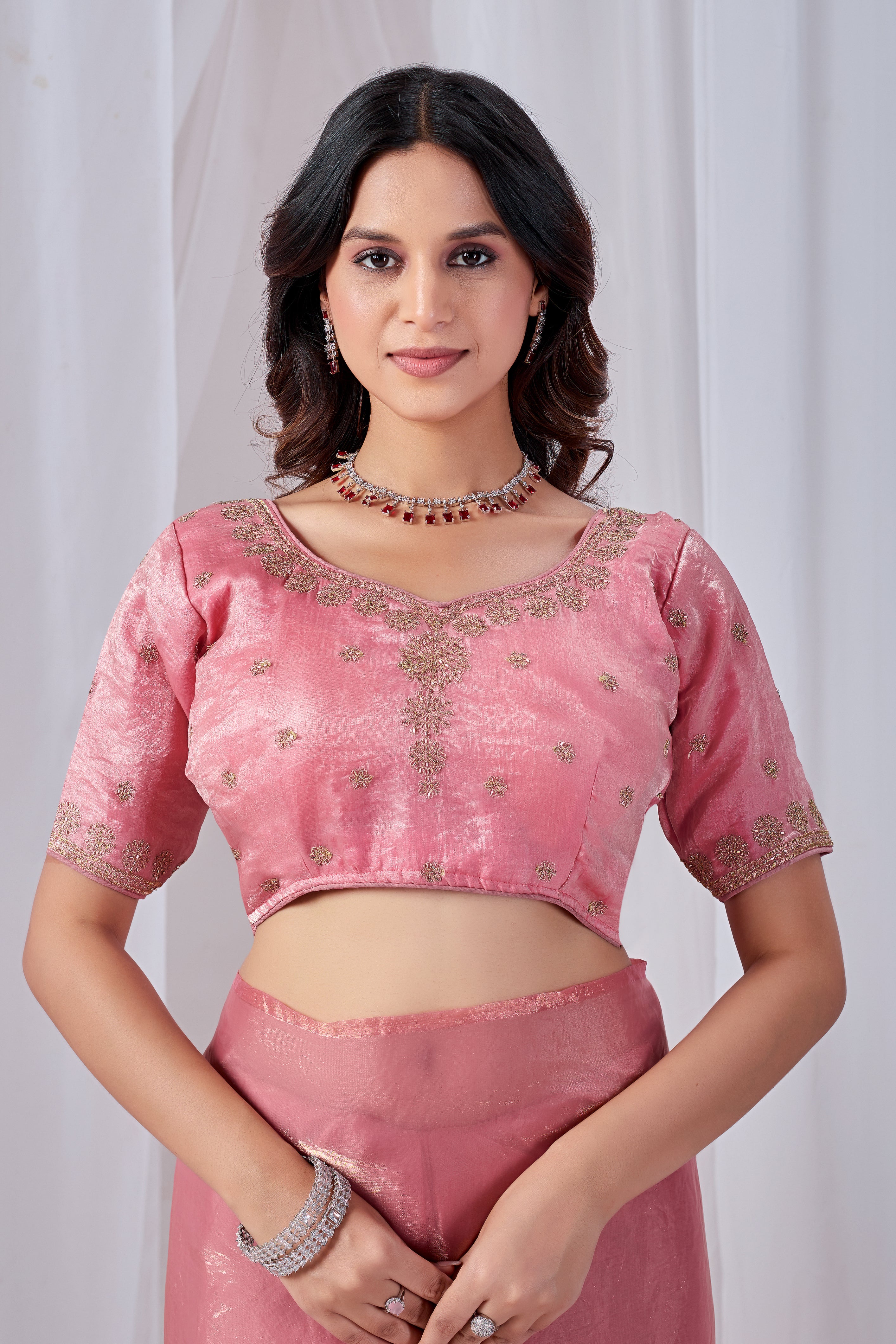 Luminous Pink Tissue Silk Saree with Embroidered Blouse