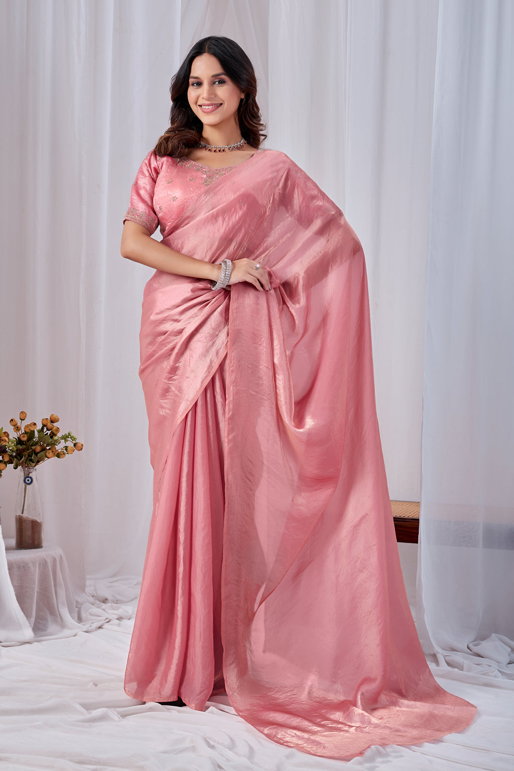 Luminous Pink Tissue Silk Saree with Embroidered Blouse