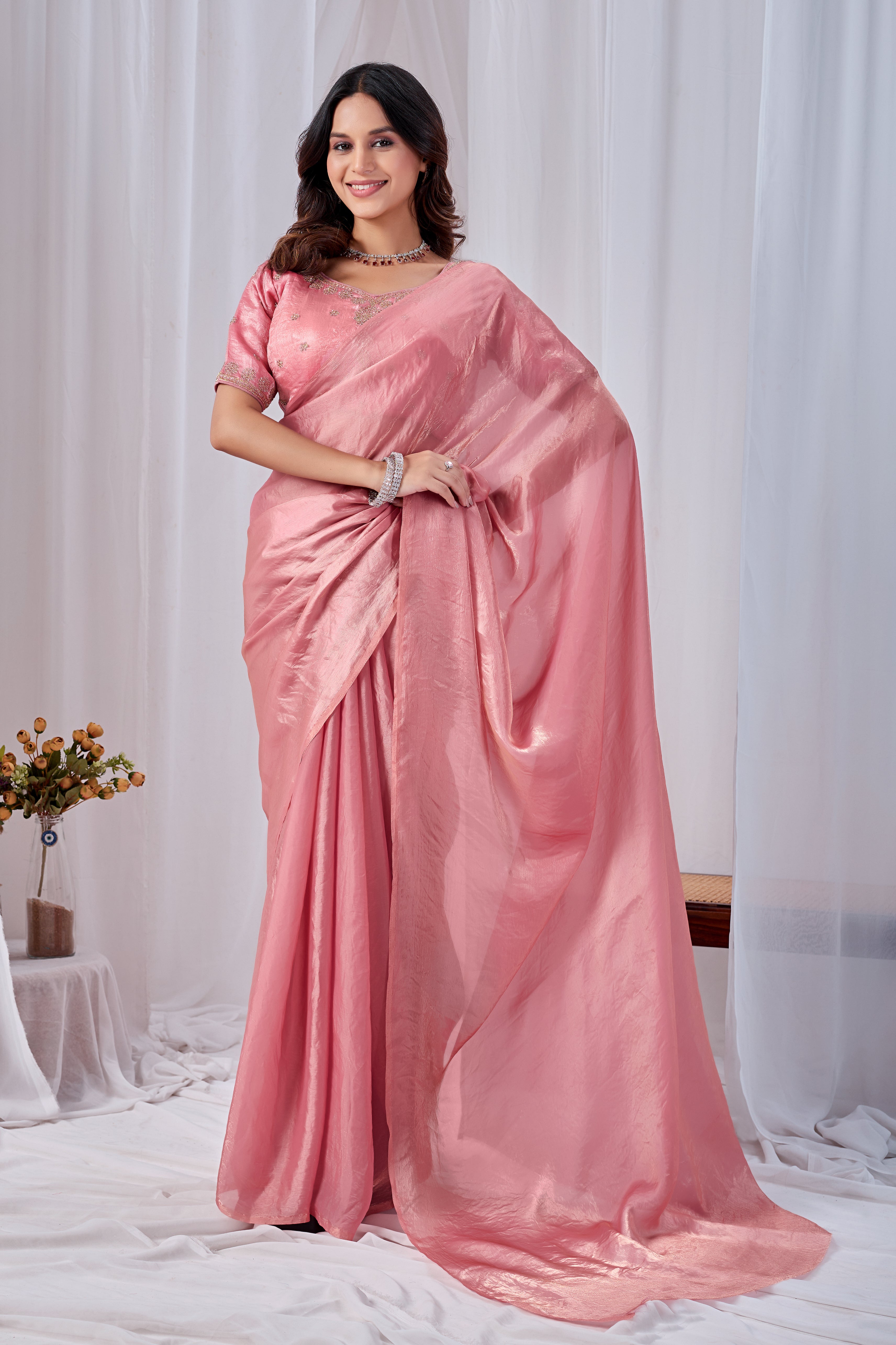 Luminous Pink Tissue Silk Saree with Embroidered Blouse