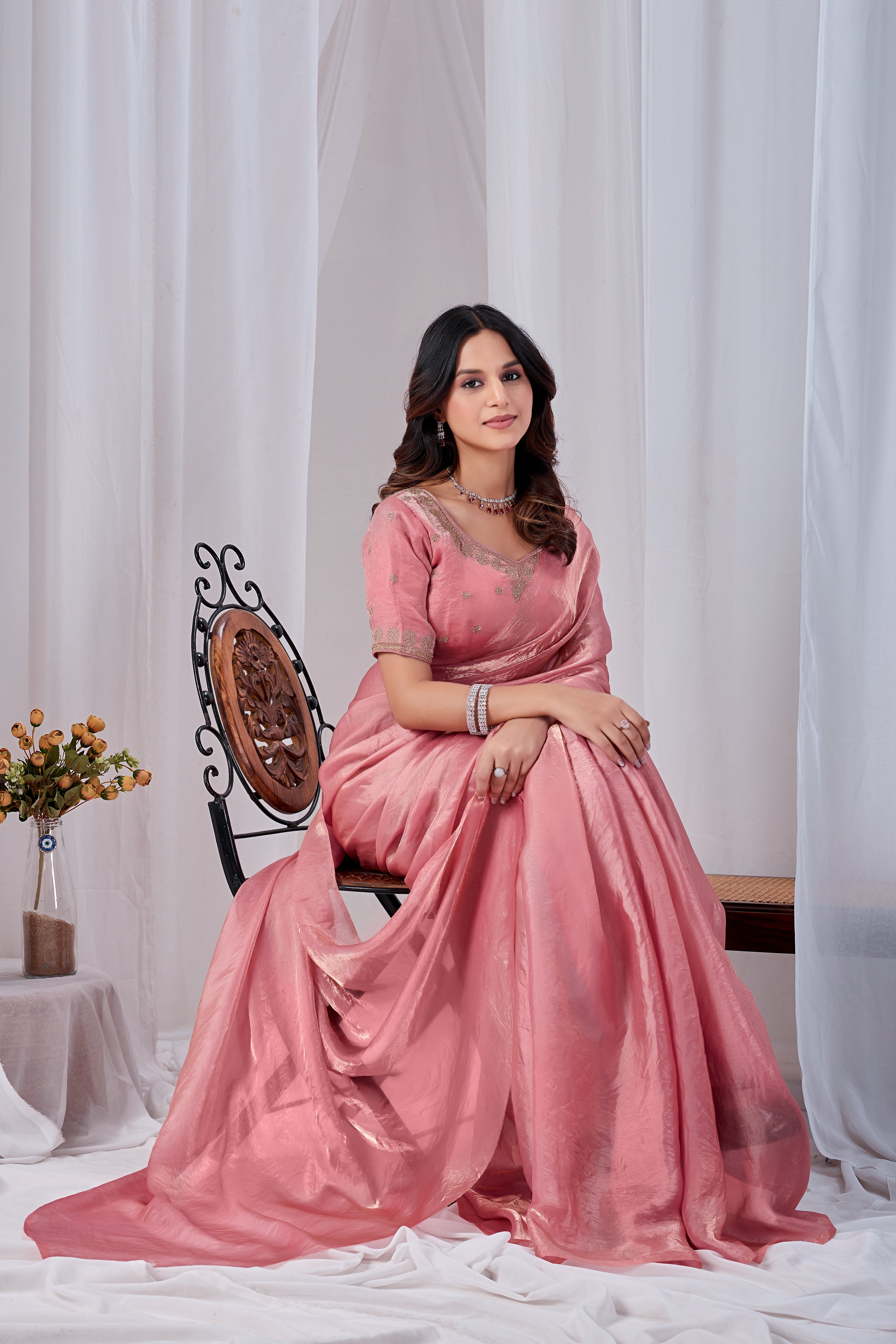 Luminous Pink Tissue Silk Saree with Embroidered Blouse