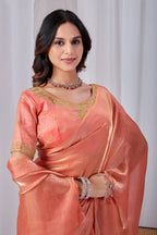 Luminous Peach Tissue Silk Saree with Embroidered Blouse