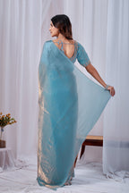Luminous Rama Blue Tissue Silk Saree with Embroidered Blouse