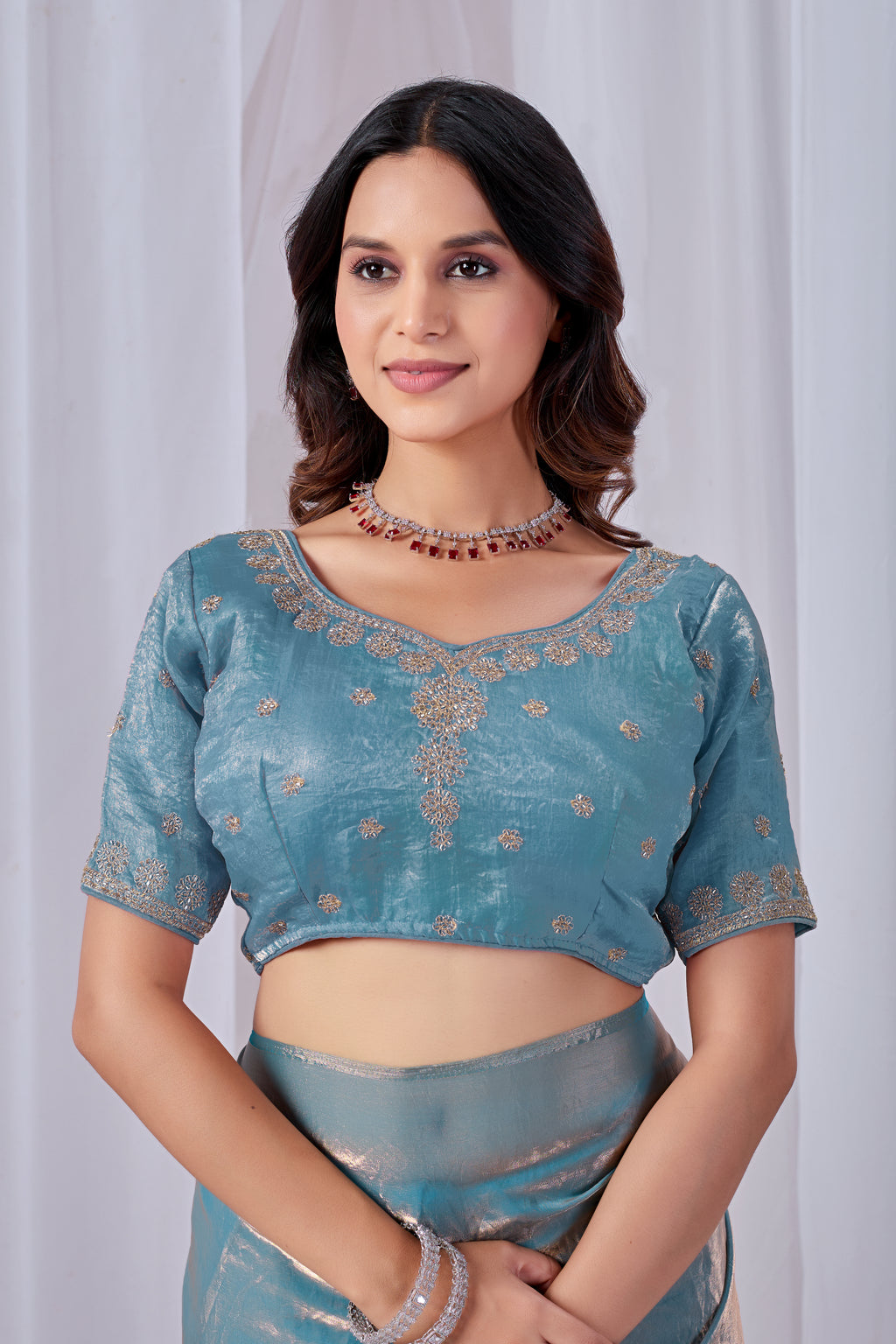 Luminous Rama Blue Tissue Silk Saree with Embroidered Blouse