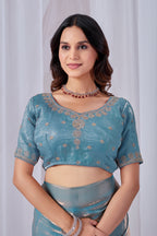 Luminous Rama Blue Tissue Silk Saree with Embroidered Blouse