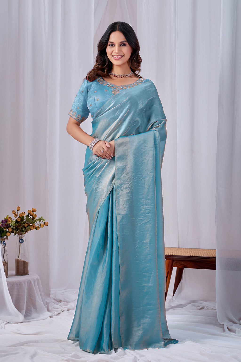 Luminous Rama Blue Tissue Silk Saree with Embroidered Blouse
