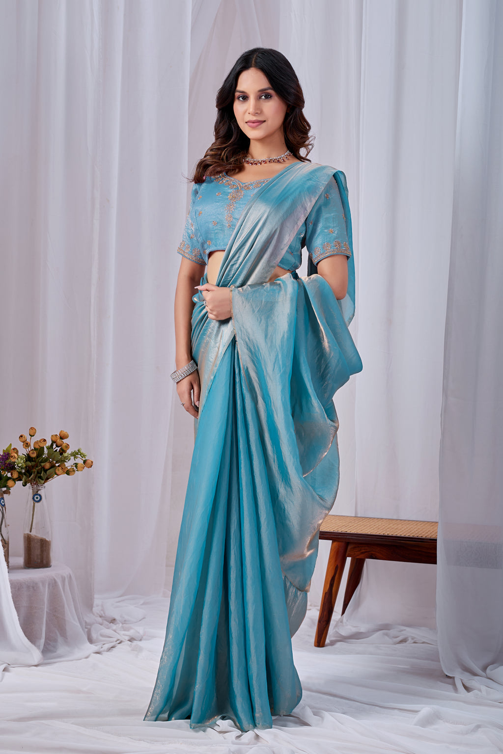 Luminous Rama Blue Tissue Silk Saree with Embroidered Blouse