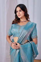 Luminous Rama Blue Tissue Silk Saree with Embroidered Blouse