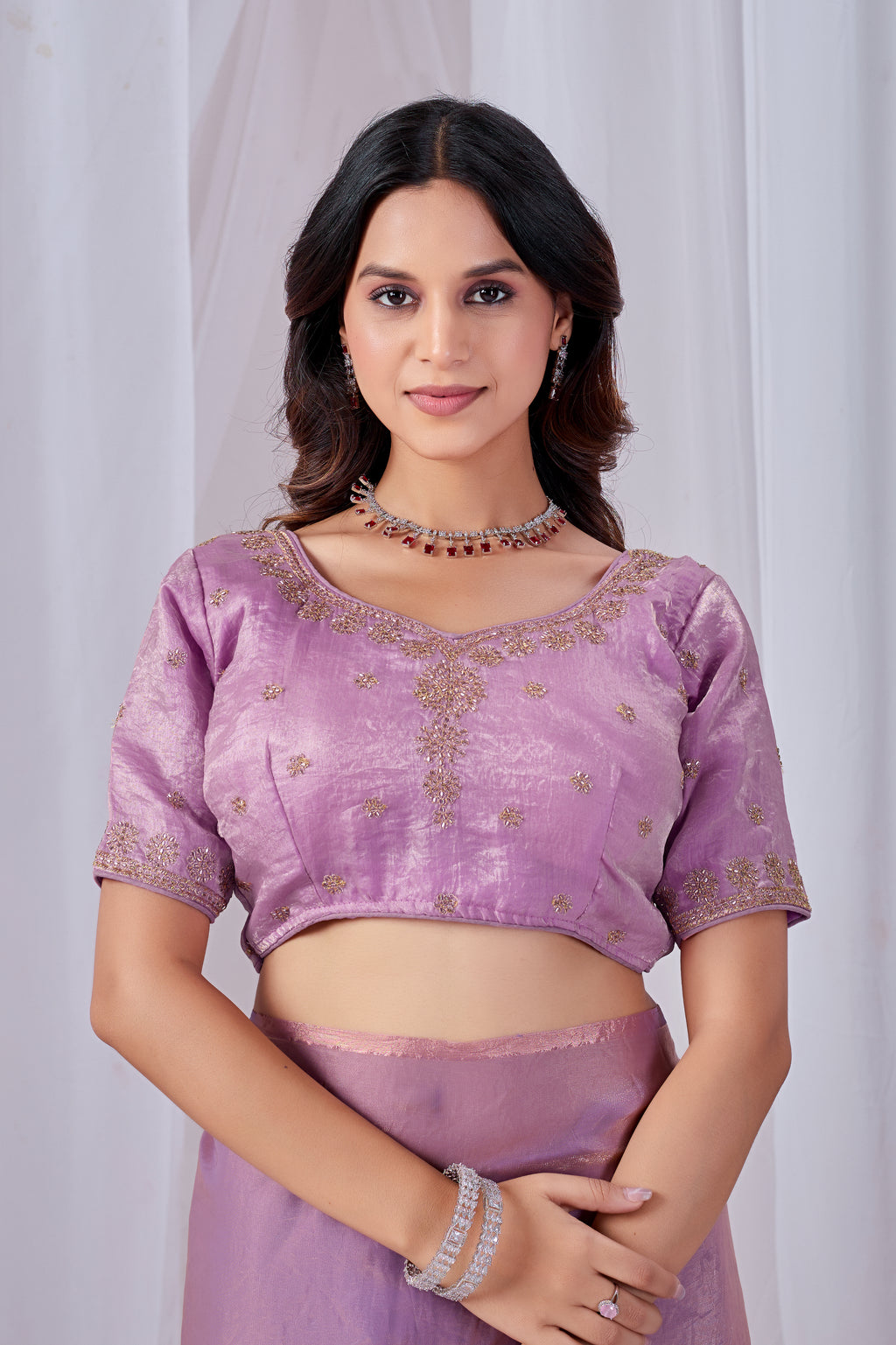 Luminous Lavender Tissue Silk Saree with Embroidered Blouse