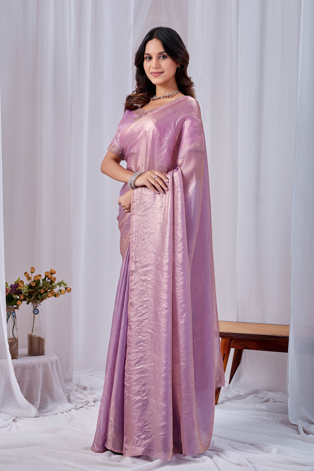 Luminous Lavender Tissue Silk Saree with Embroidered Blouse