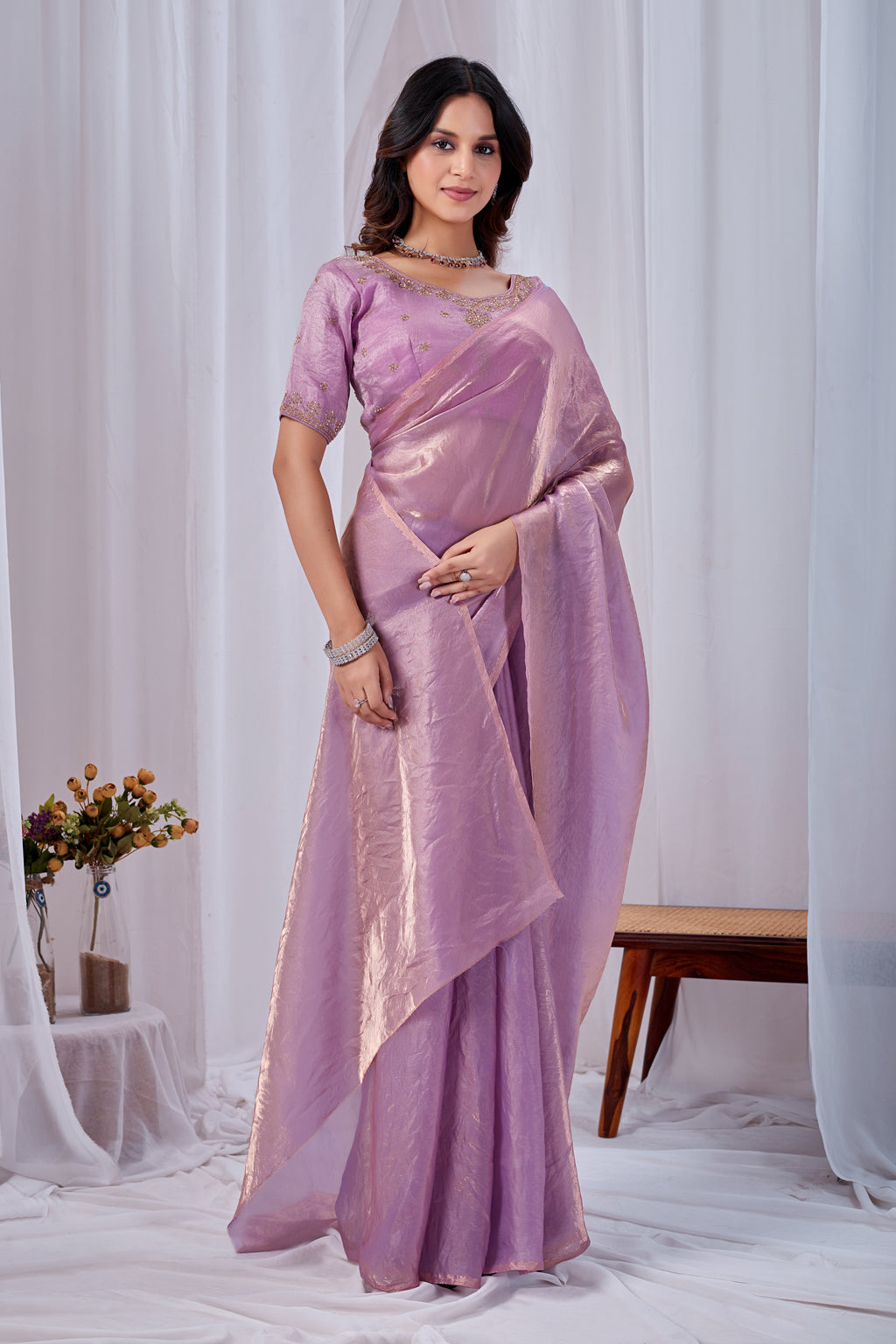 Luminous Lavender Tissue Silk Saree with Embroidered Blouse