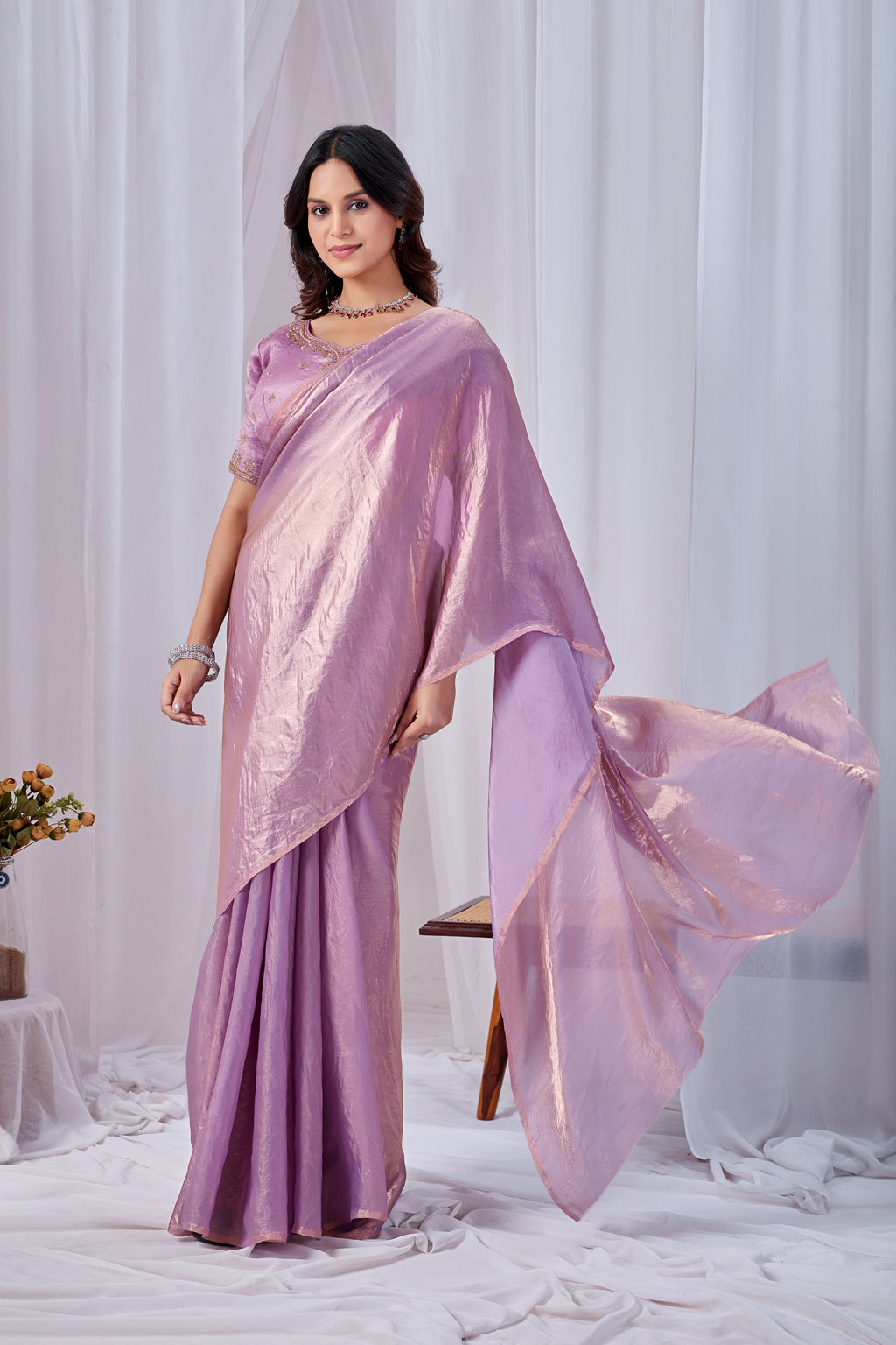 Luminous Lavender Tissue Silk Saree with Embroidered Blouse