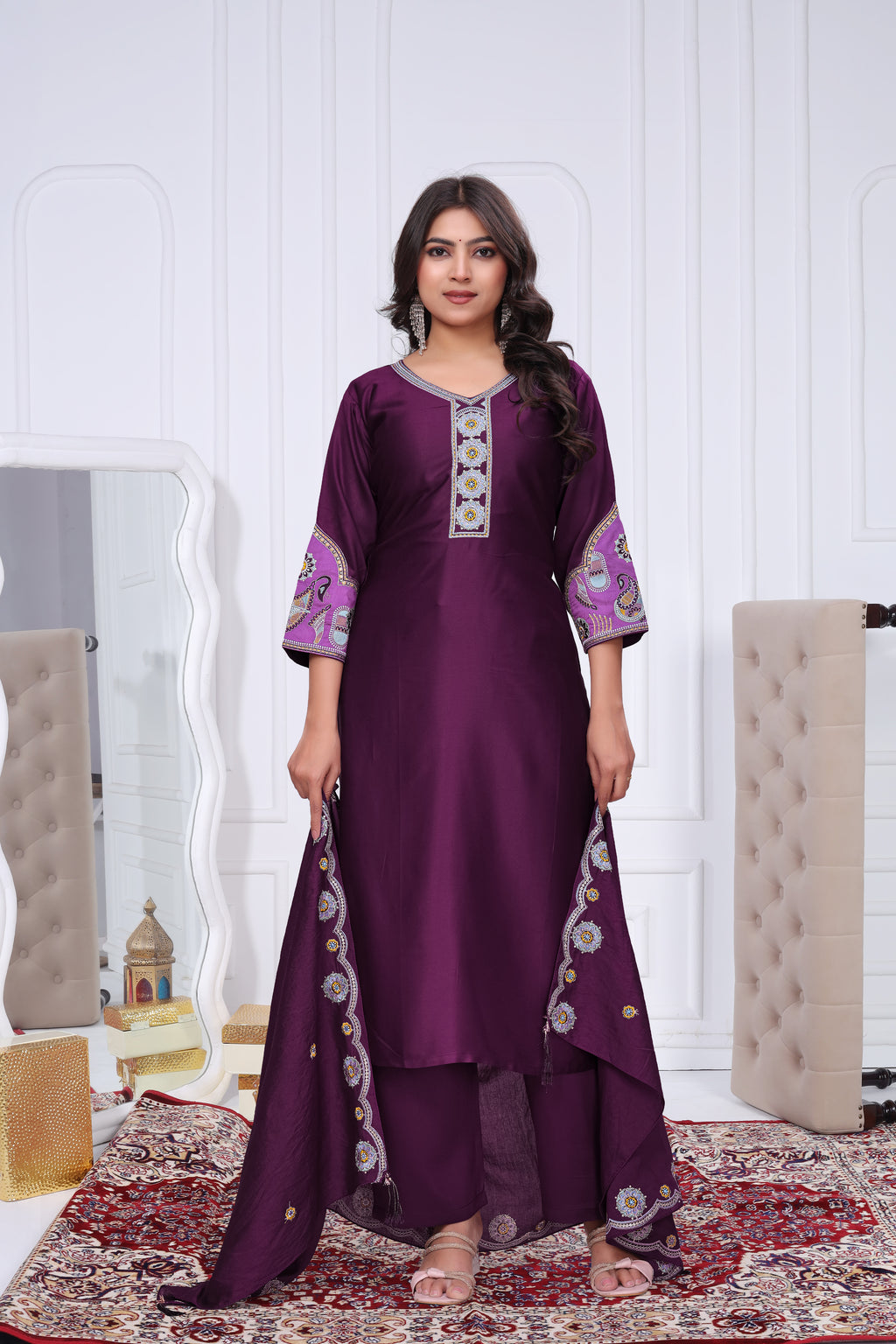 Elegant Wine Purple Silk Salwar Suit Set with Floral Border Dupatta