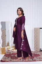 Elegant Wine Purple Silk Salwar Suit Set with Floral Border Dupatta