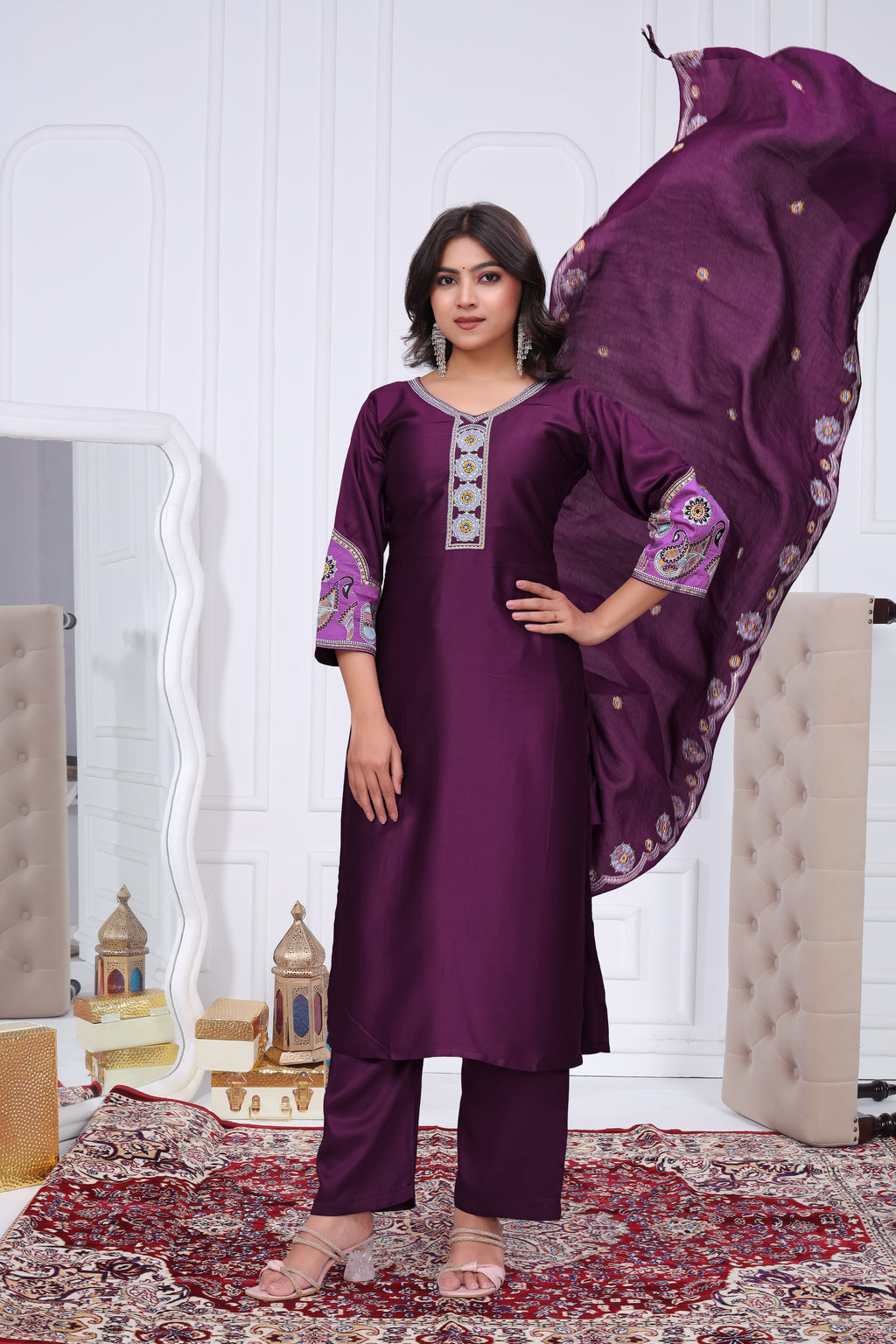 Elegant Wine Purple Silk Salwar Suit Set with Floral Border Dupatta