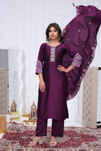 Elegant Wine Purple Silk Salwar Suit Set with Floral Border Dupatta