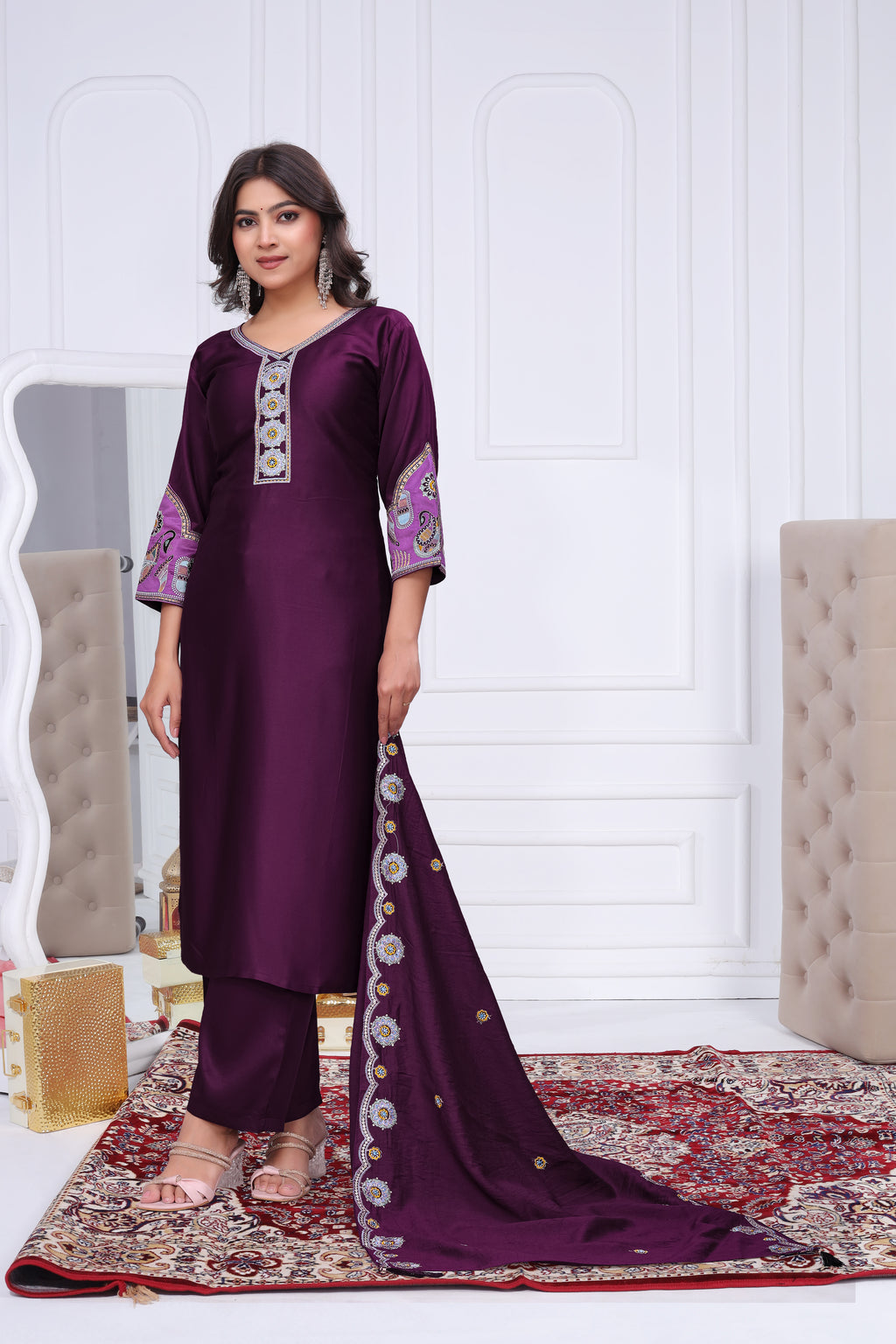 Elegant Wine Purple Silk Salwar Suit Set with Floral Border Dupatta