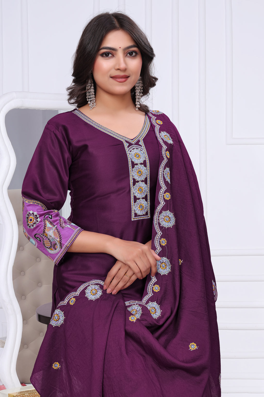Elegant Wine Purple Silk Salwar Suit Set with Floral Border Dupatta