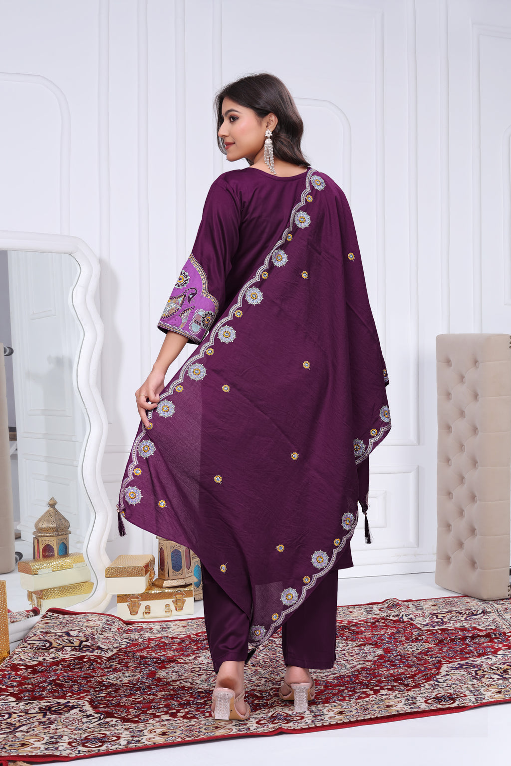 Elegant Wine Purple Silk Salwar Suit Set with Floral Border Dupatta