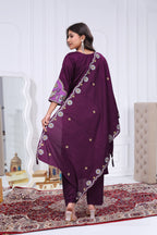 Elegant Wine Purple Silk Salwar Suit Set with Floral Border Dupatta